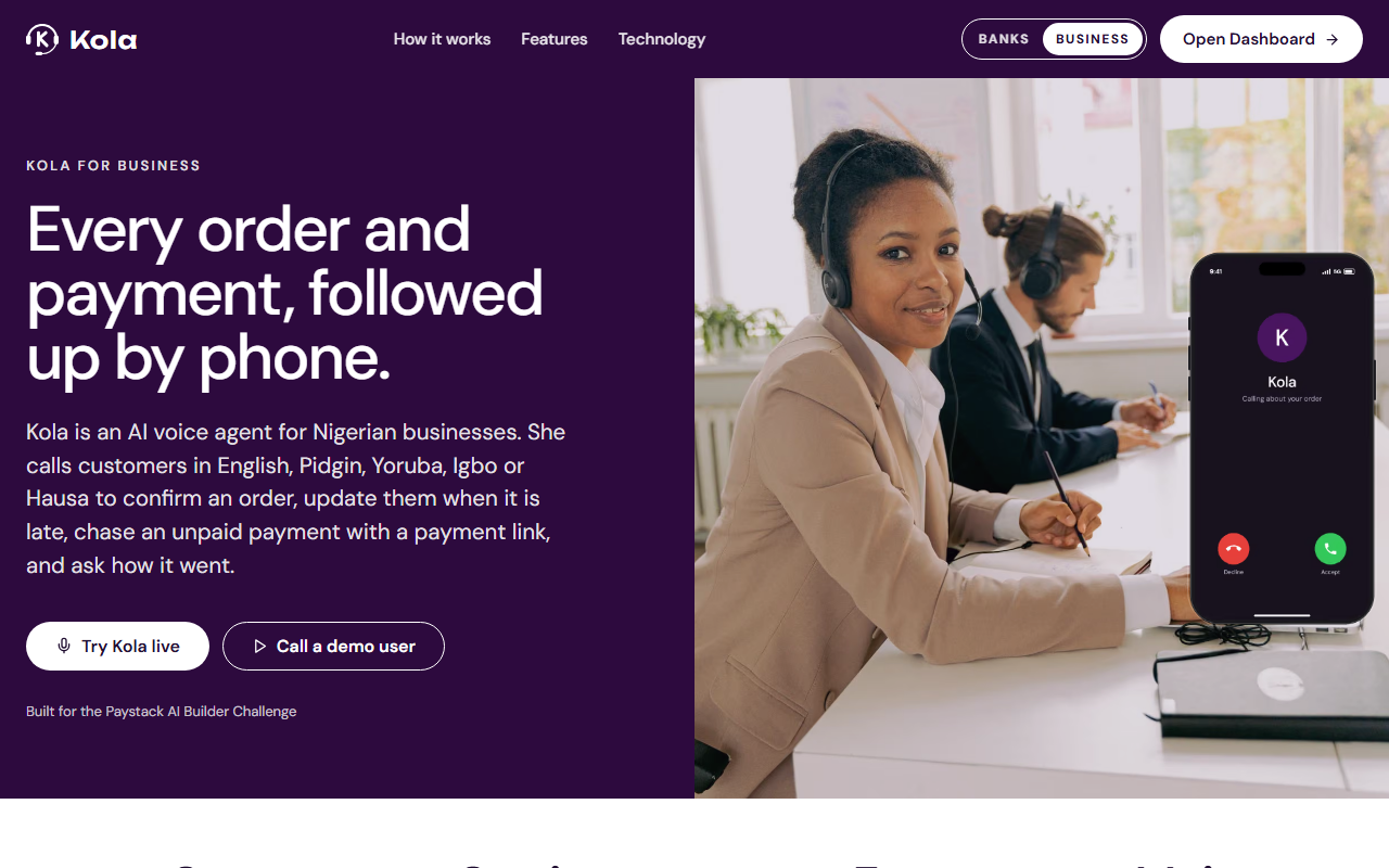 Kola for Business: AI voice agent for orders and payments in five Nigerian languages